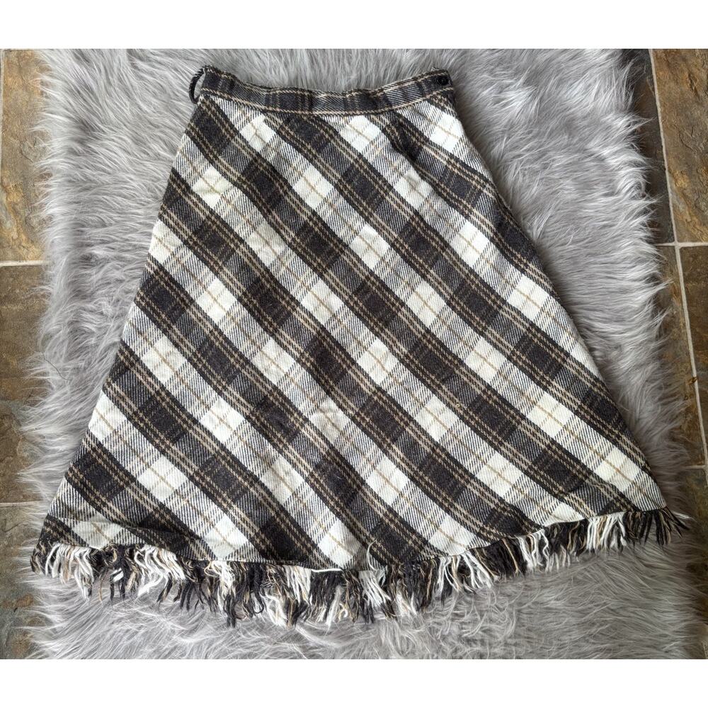 Country Set Skirt Sz S Plaid Fringe Wool Neutral Boho Casual Cottagecore Vintage